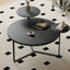 Modern coffee table with two display shelves, Black Faux marble surfaces, Tripod-inspired base,Rounded tabletop edges - Korvel