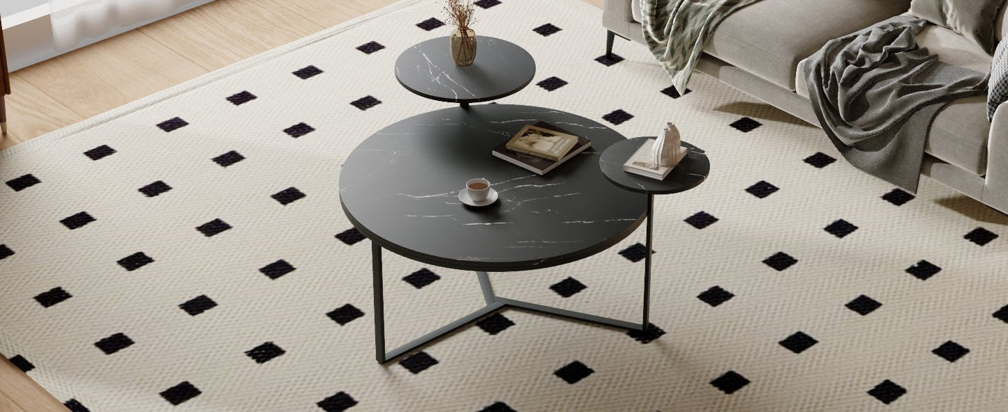Modern coffee table with two display shelves, Black Faux marble surfaces, Tripod-inspired base,Rounded tabletop edges - Korvel