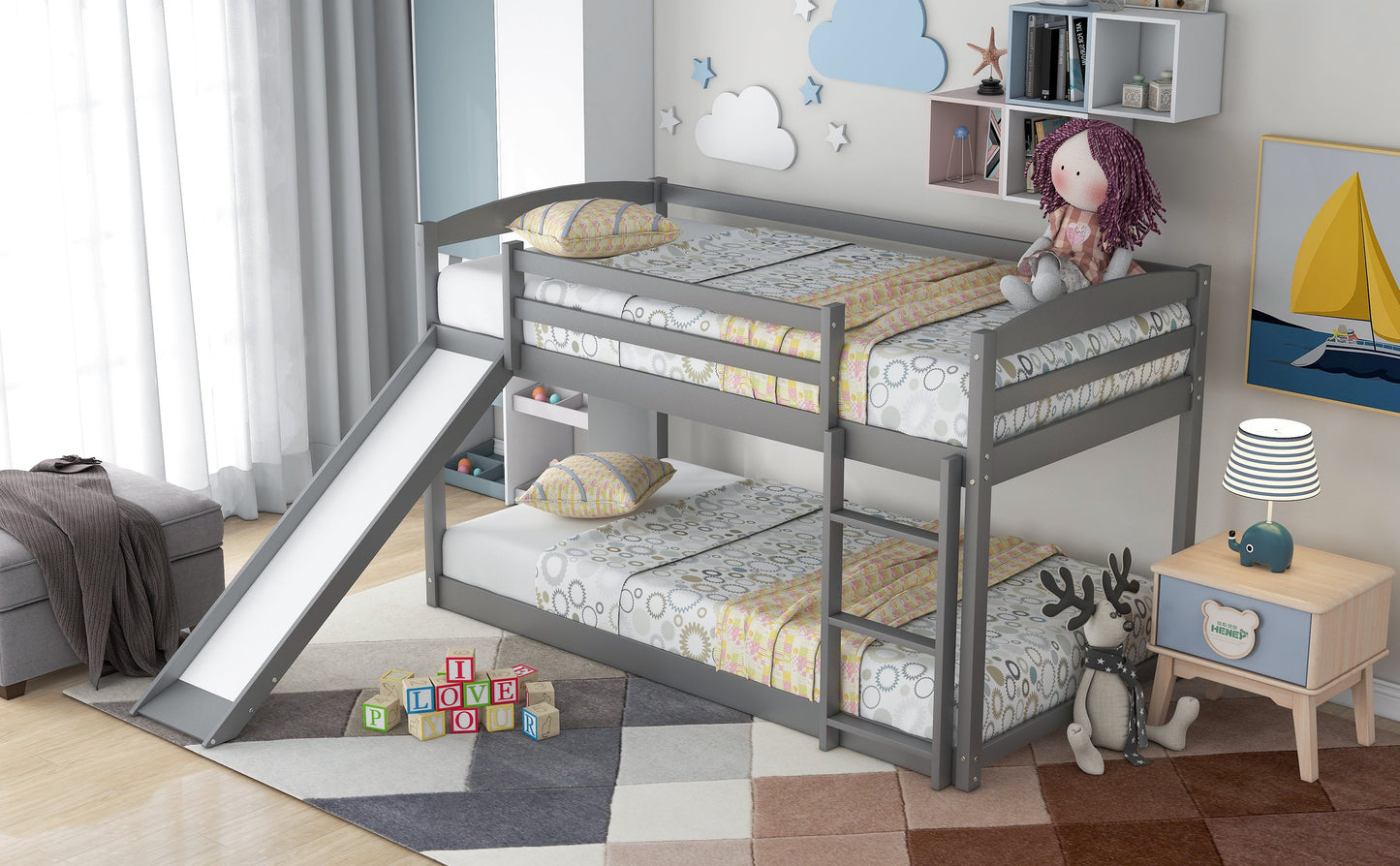 Twin over Twin Bunk Bed with Convertible Slide and Ladder Gray - Korvel