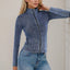 Pocketed Turtleneck Zip Up Denim Top - Korvel