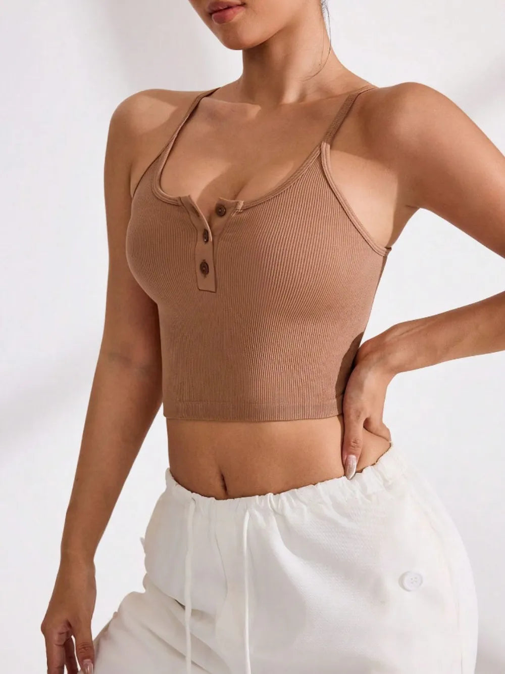 Ribbed Half Button Cropped Active Cami - Korvel