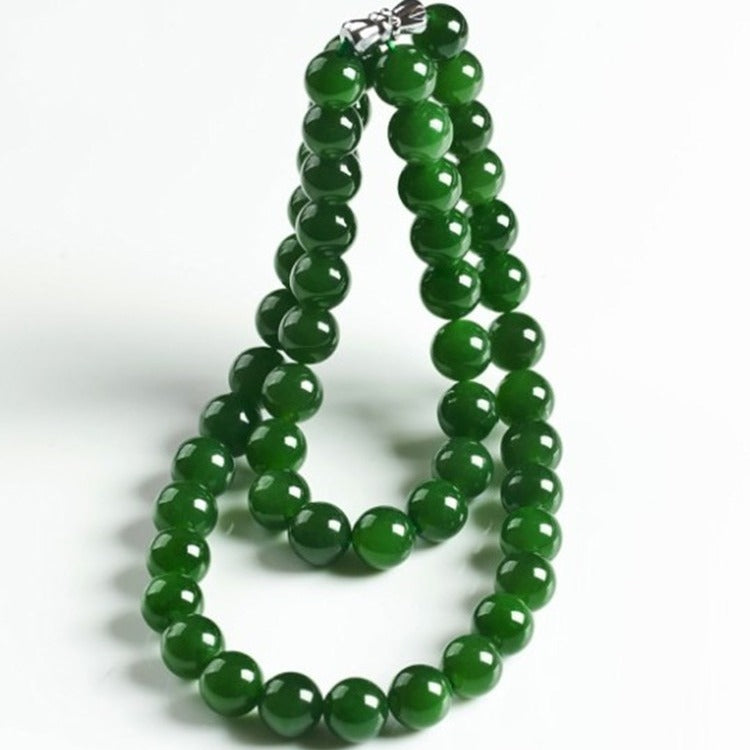 Hetian Biyu necklace, spinach green jade necklace, round bead style, Taiwan green jade necklace - Korvel