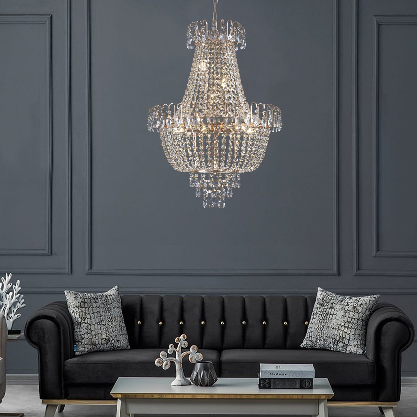 Golden crystal pendant light, large modern luxury ceiling lighting (without light bulbs) - Korvel
