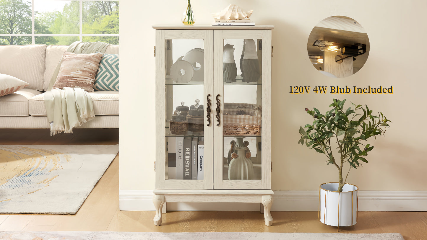 Dual door Curio cabinet with tempered glass door mirror back panel and adjustable shelf display cabinet with light bulbs, white - Korvel