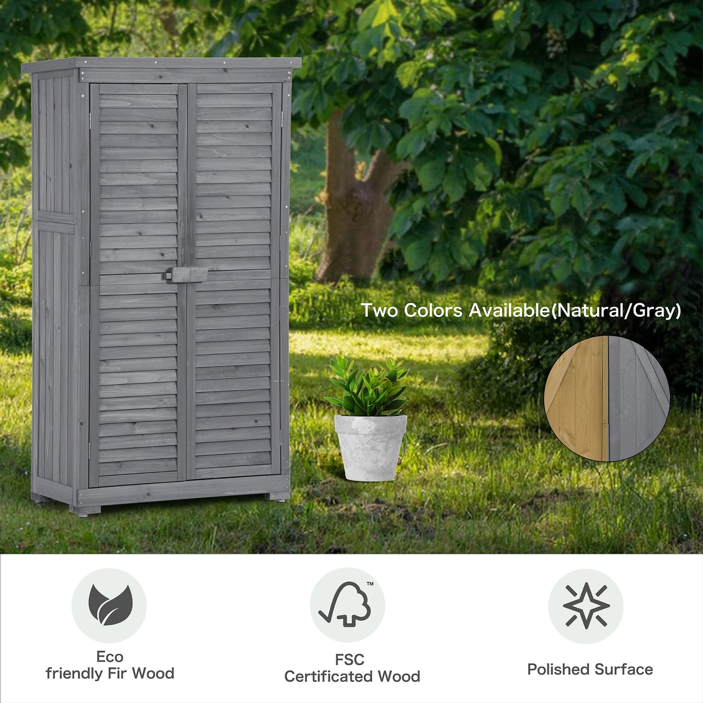 Wooden Garden Shed 3-tier Patio Storage Cabinet Outdoor Organizer Wooden Lockers with Fir Wood (Gray Wood Color -Shutter Design) - Korvel