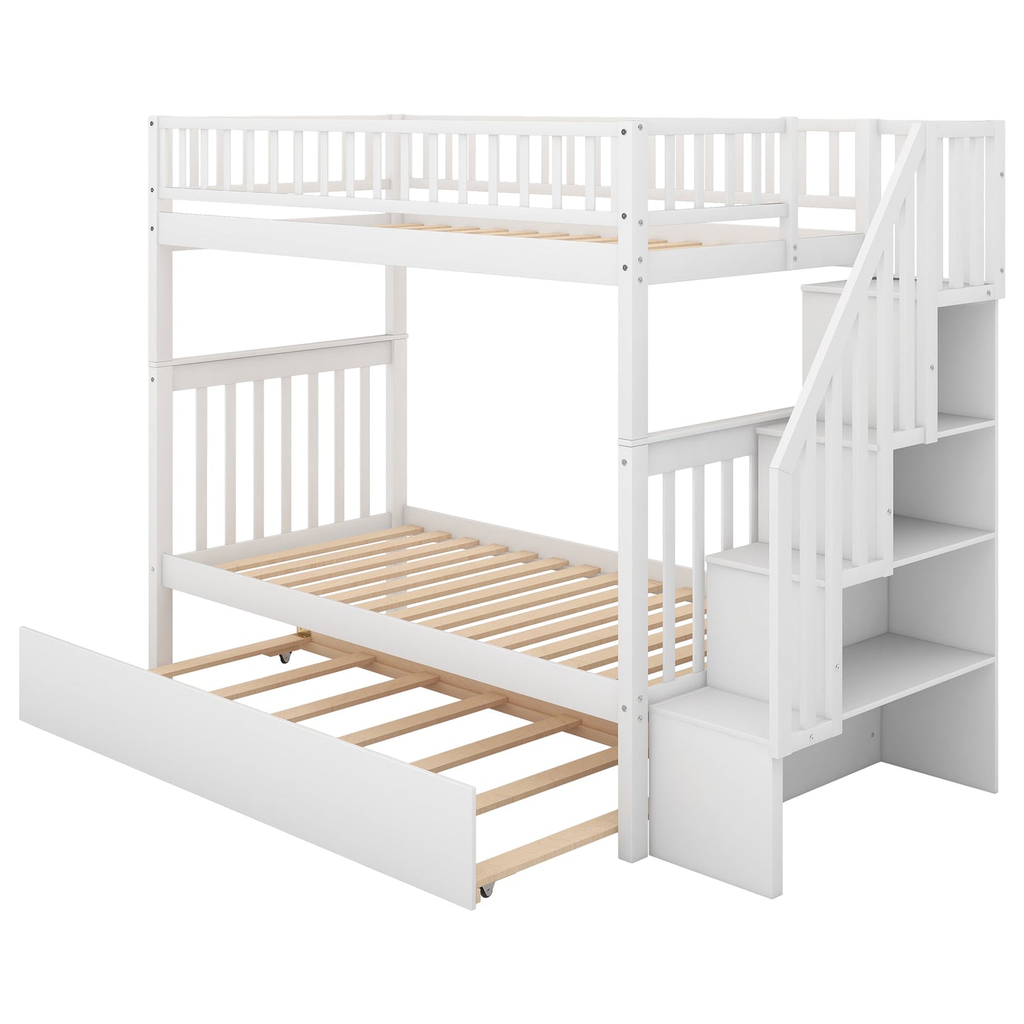 Twin over Twin Bunk Bed with Trundle and Storage  White - Korvel