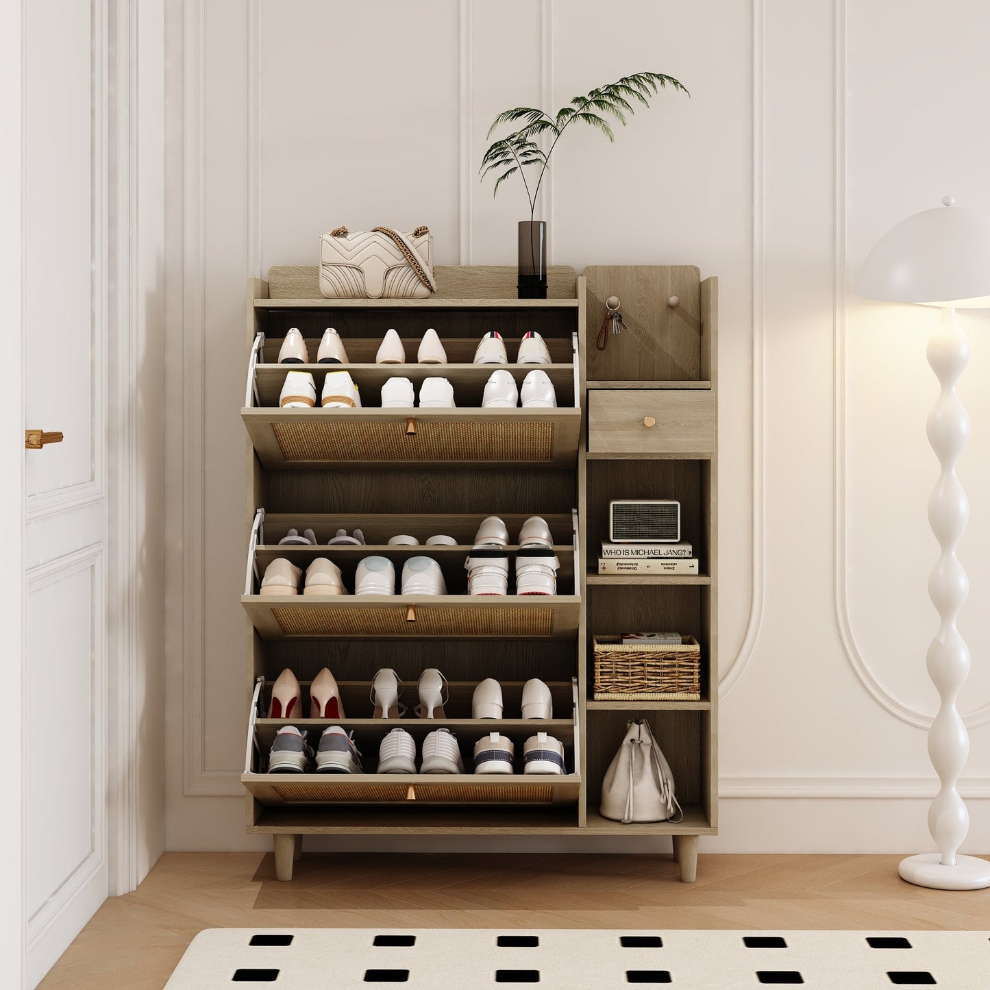 Natural Bohemian style shoe cabinet with 3 rattan flip drawers, 3 square shelves, and 1 storage drawer,  Natural - Korvel