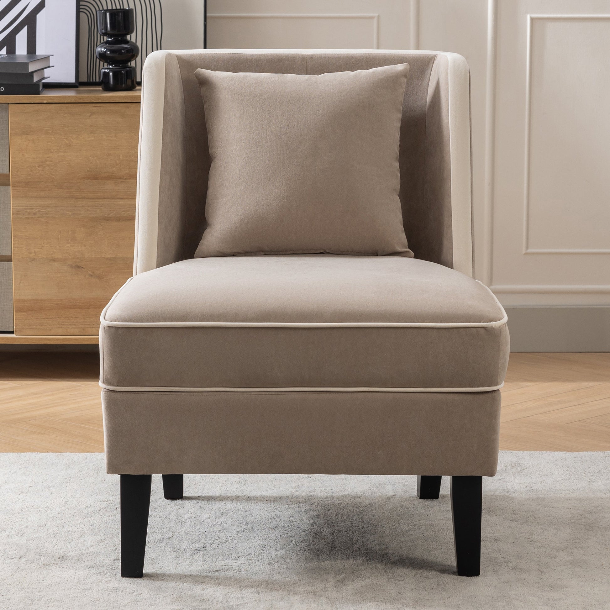 Velvet Upholstered Accent Chair with Cream Piping, Tan and Cream - Korvel