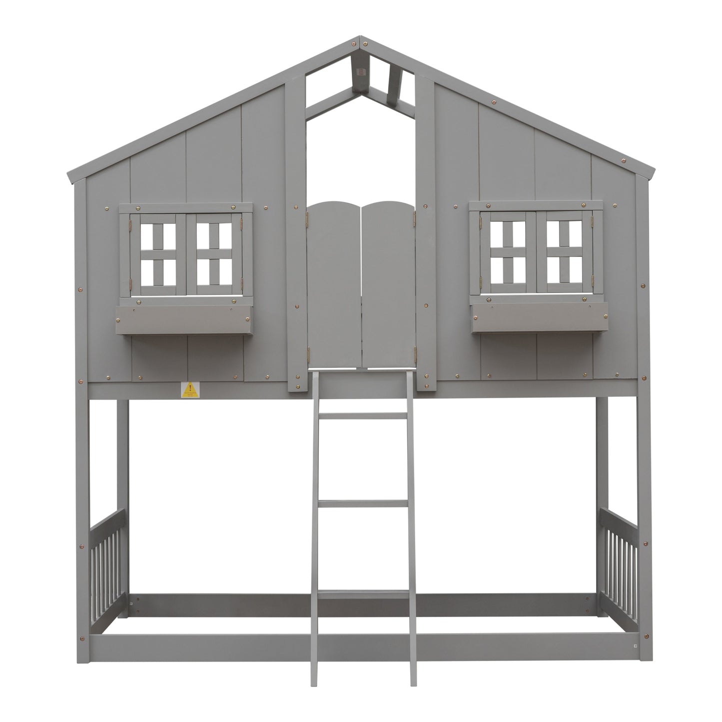 Twin over Twin House Bunk Bed with Roof , Window, Window Box, Door , with Safety Guardrails and Ladder, Grey - Korvel
