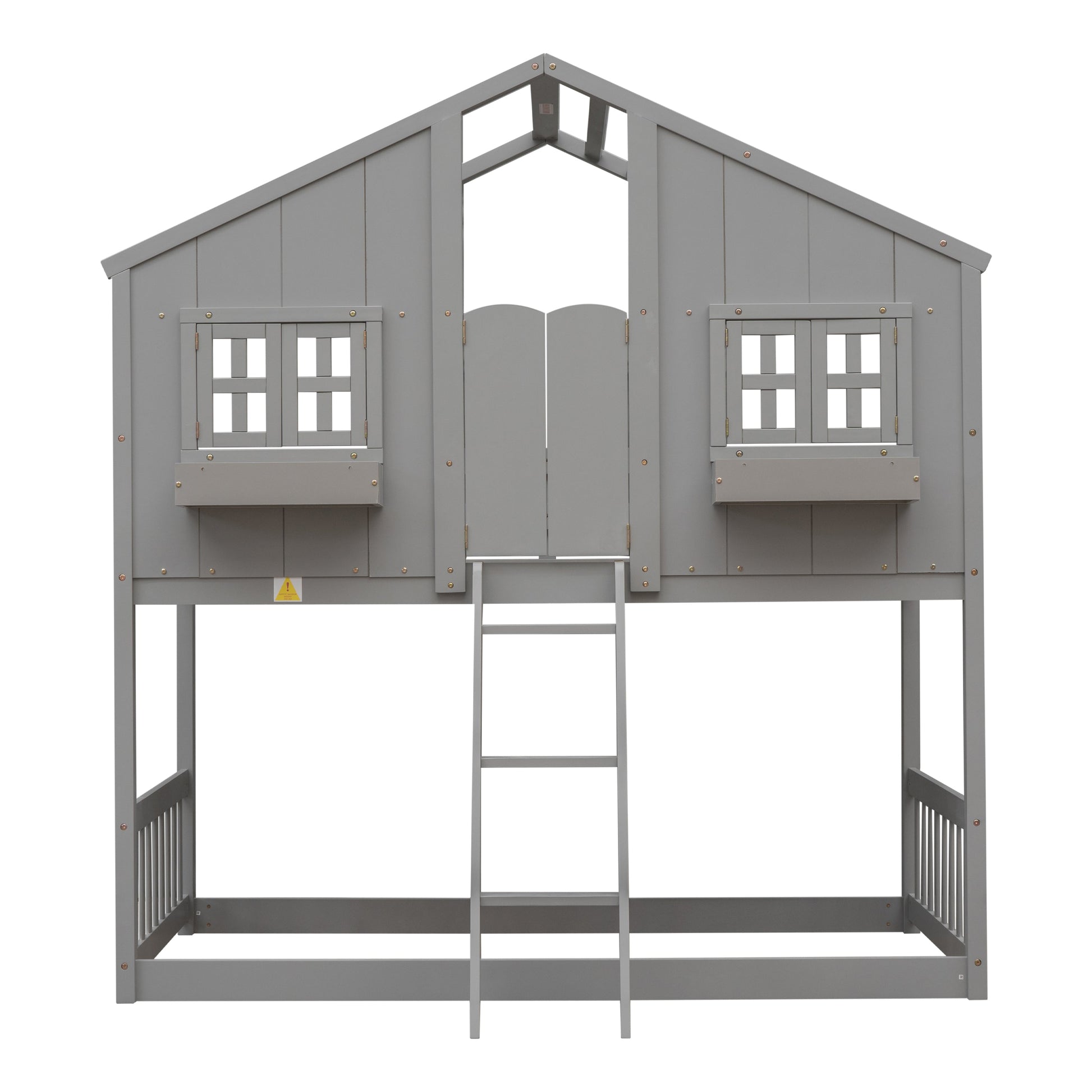Twin over Twin House Bunk Bed with Roof , Window, Window Box, Door , with Safety Guardrails and Ladder, Grey - Korvel