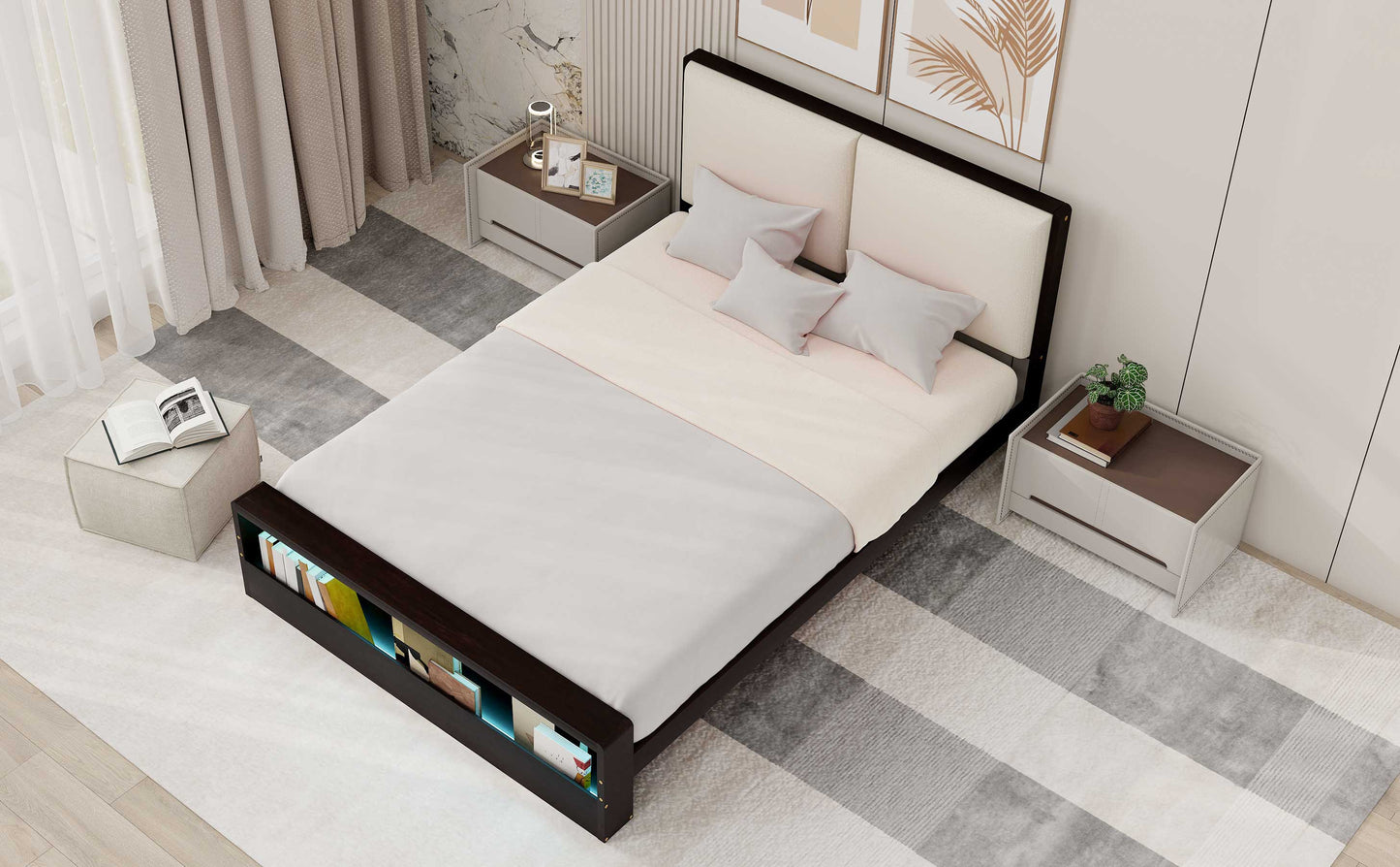 Queen Size Platform Bed Frame with Upholstery Headboard and Bookshelf in Footboard and LED Light Strips, Espresso - Korvel