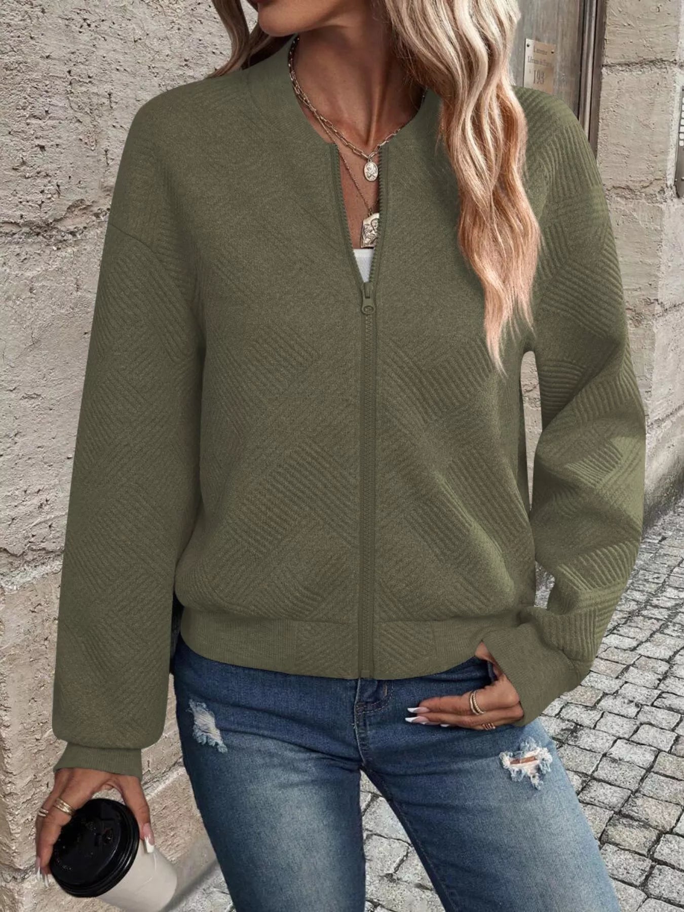 Veste Bomber à Fermeture Éclair Texturée