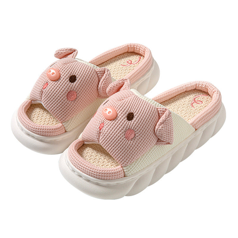 Piggy Cute Couple Open Toe Linen Cotton Linen Slippers - Korvel
