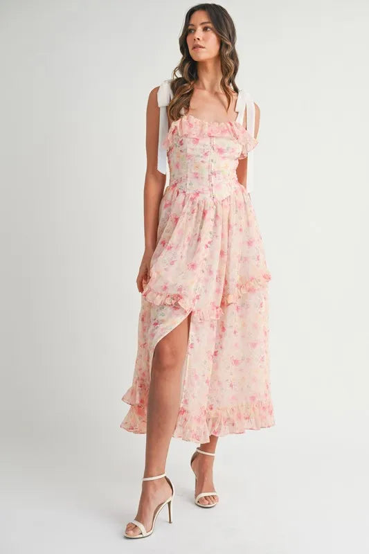 Robe Midi Imprimée Florale Élégante avec Bretelles