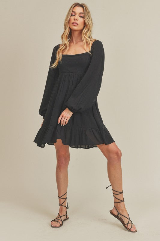 Ruffled Square Neck Balloon Sleeve Mini Dress for Women