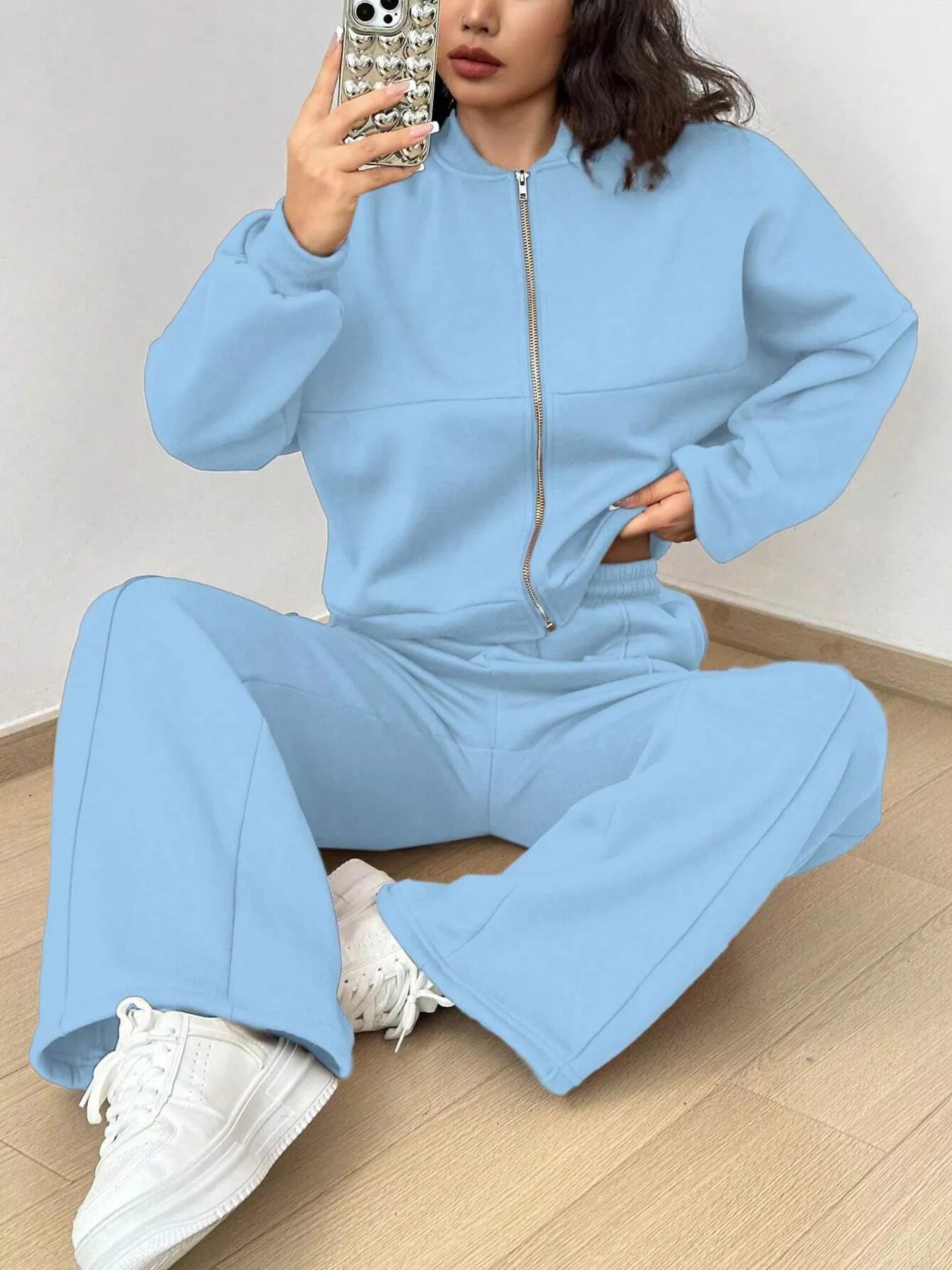 Ensemble de Veste Zippée en Couleur Unie et Pantalons à Jambes Larges