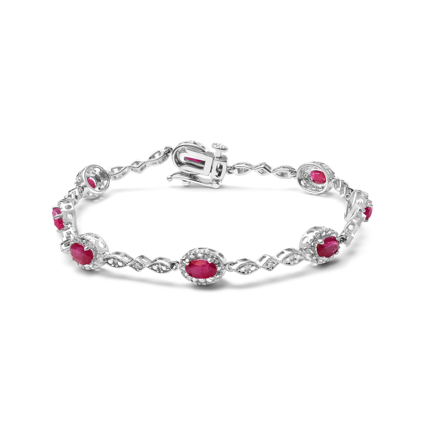 10K White Gold Ruby and Diamond Link Bracelet - Size 7"