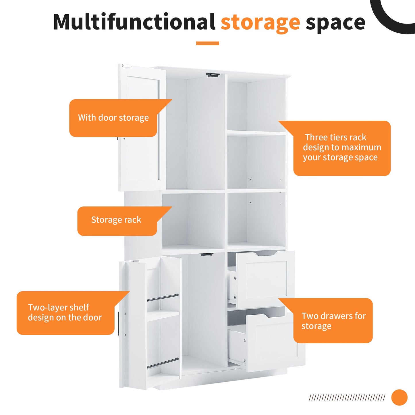Bathroom storage cabinet with doors and drawers, multiple storage spaces, independent, open adjustable shelves, white - Korvel