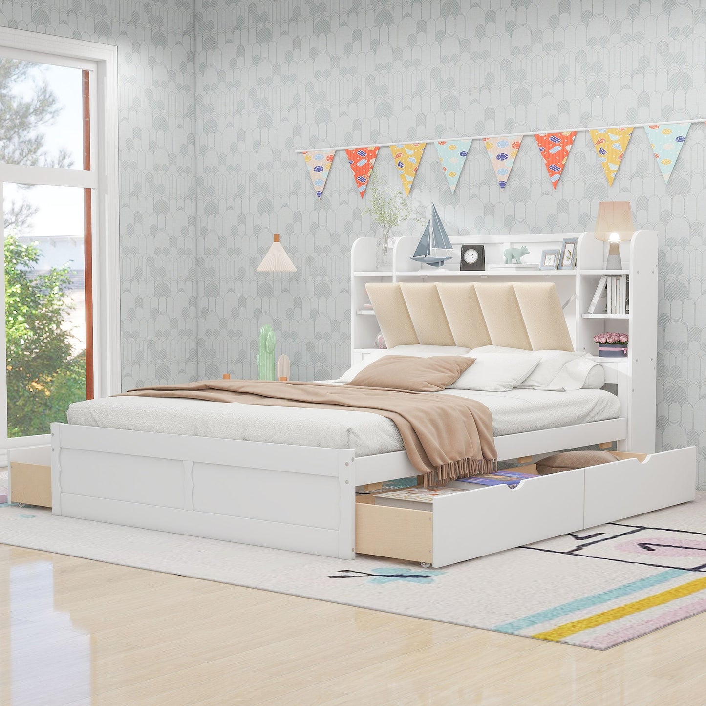 Wood Queen Size Platform Bed with Storage Headboard  Shelves and 4 Drawers  White - Korvel
