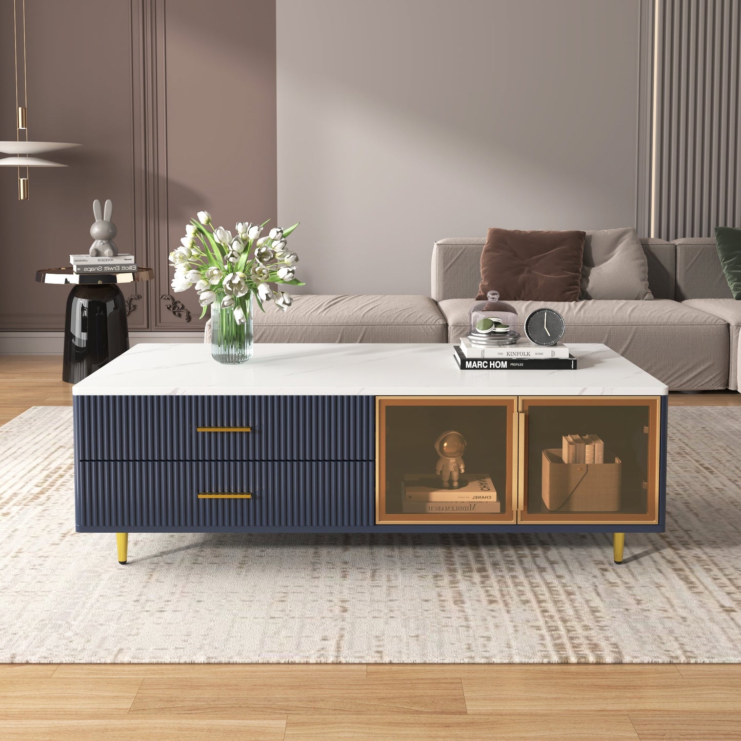 Modern Navy Blue Coffee Table with 2 Glass Door Storage, 4 Drawers, Gold Metal Legs, and Multi-Color Lighting in 47.2'' - Korvel