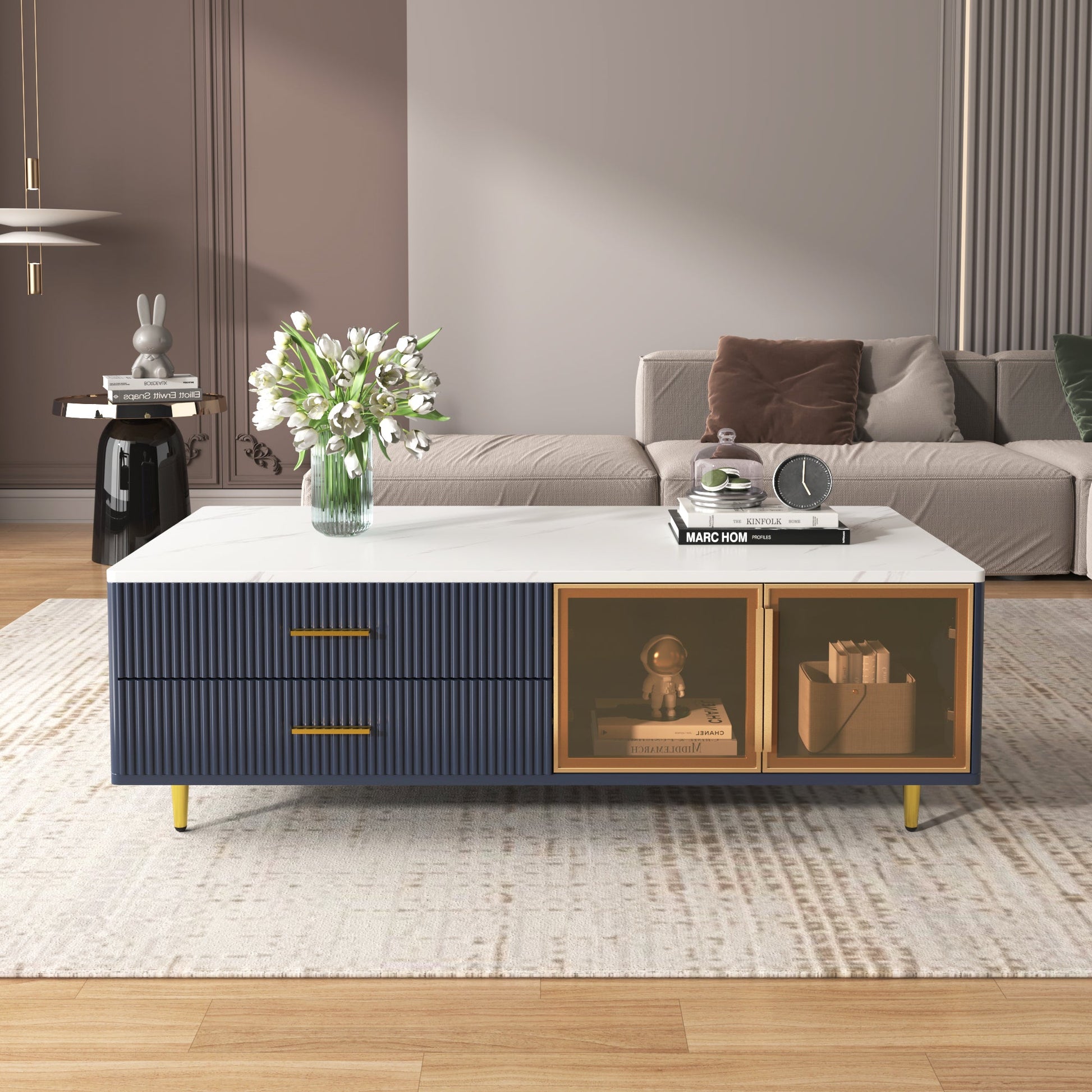Modern Navy Blue Coffee Table with 2 Glass Door Storage, 4 Drawers, Gold Metal Legs, and Multi-Color Lighting in 47.2'' - Korvel