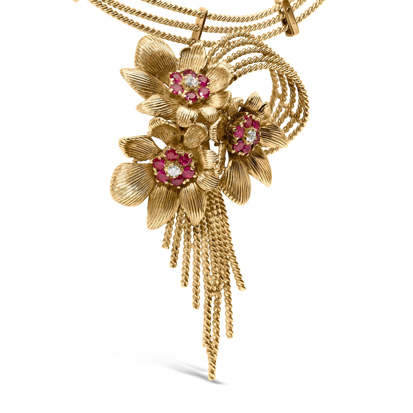 Collier Cascade Floral en Diamant et Rubis en Or Jaune 18K