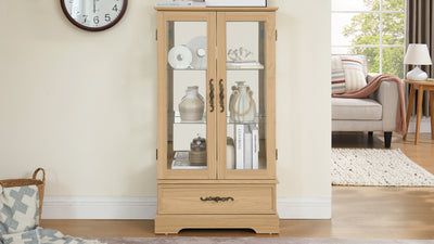 Light colored glass cabinet with adjustable glass frame, including cabinet light bulbs OAK with 2 doors and 1 drawer - Korvel