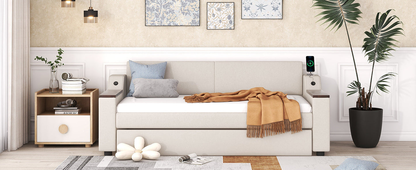Twin Size Upholstery Daybed with Storage Arms and USB - Beige
