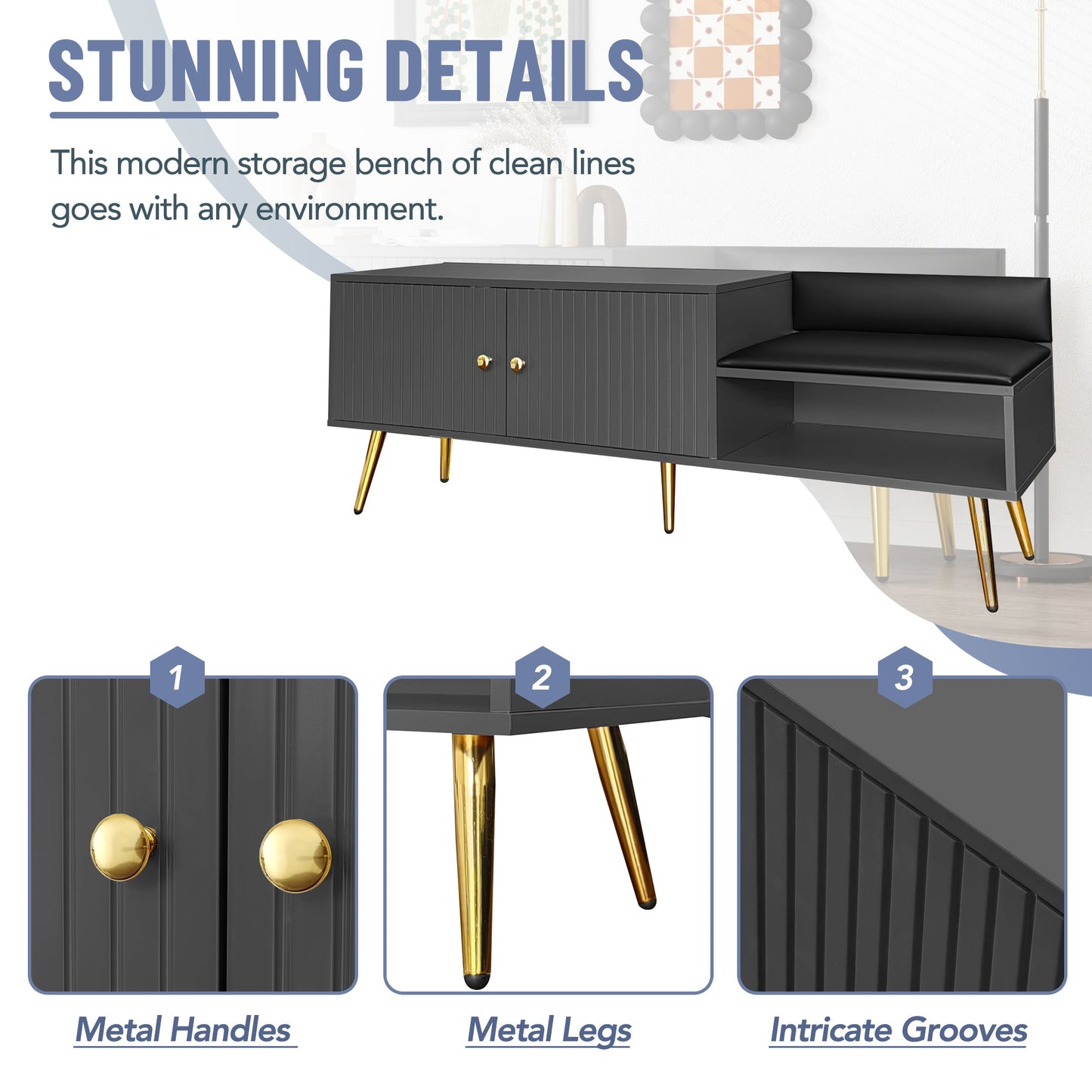 Modern Shoe Storage Bench with Hidden Storage and Upholstered Cushions for Bedside, Living Room and Entryway (Gray) - Korvel