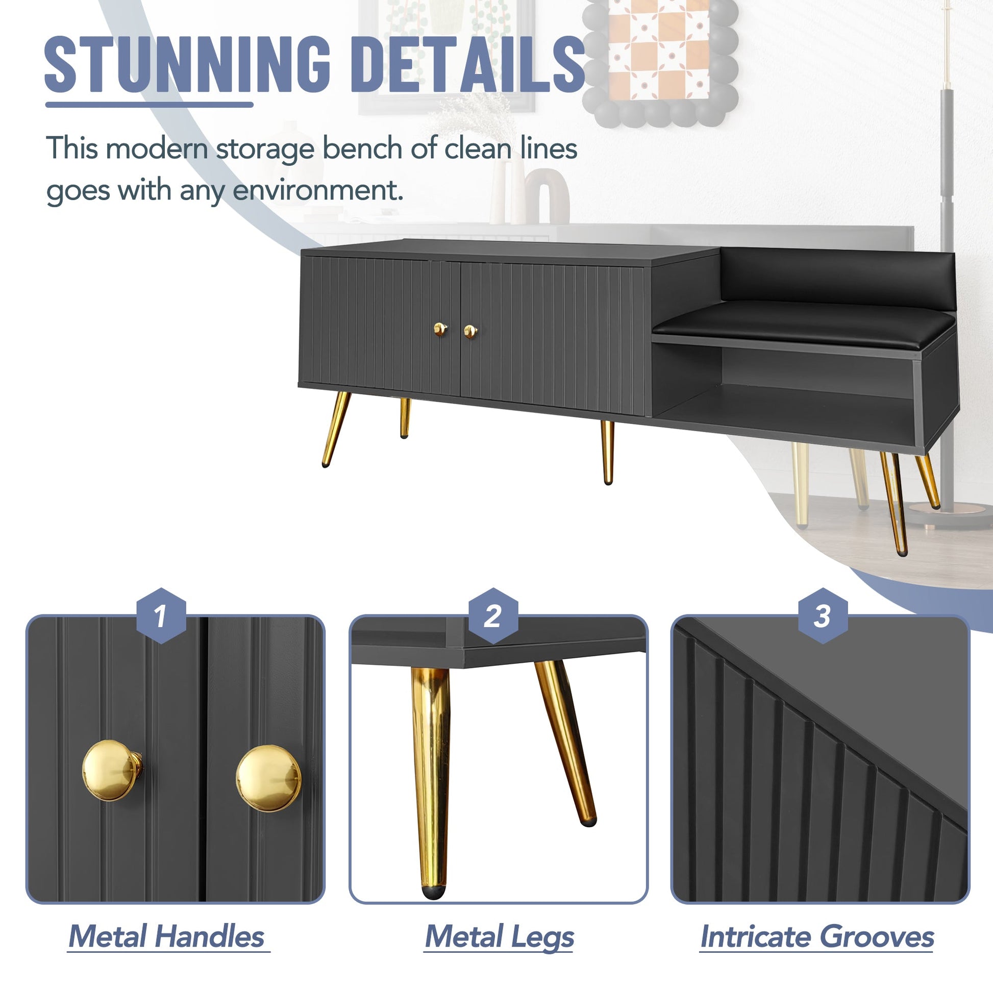 Modern Shoe Storage Bench with Hidden Storage and Upholstered Cushions for Bedside, Living Room and Entryway (Gray) - Korvel