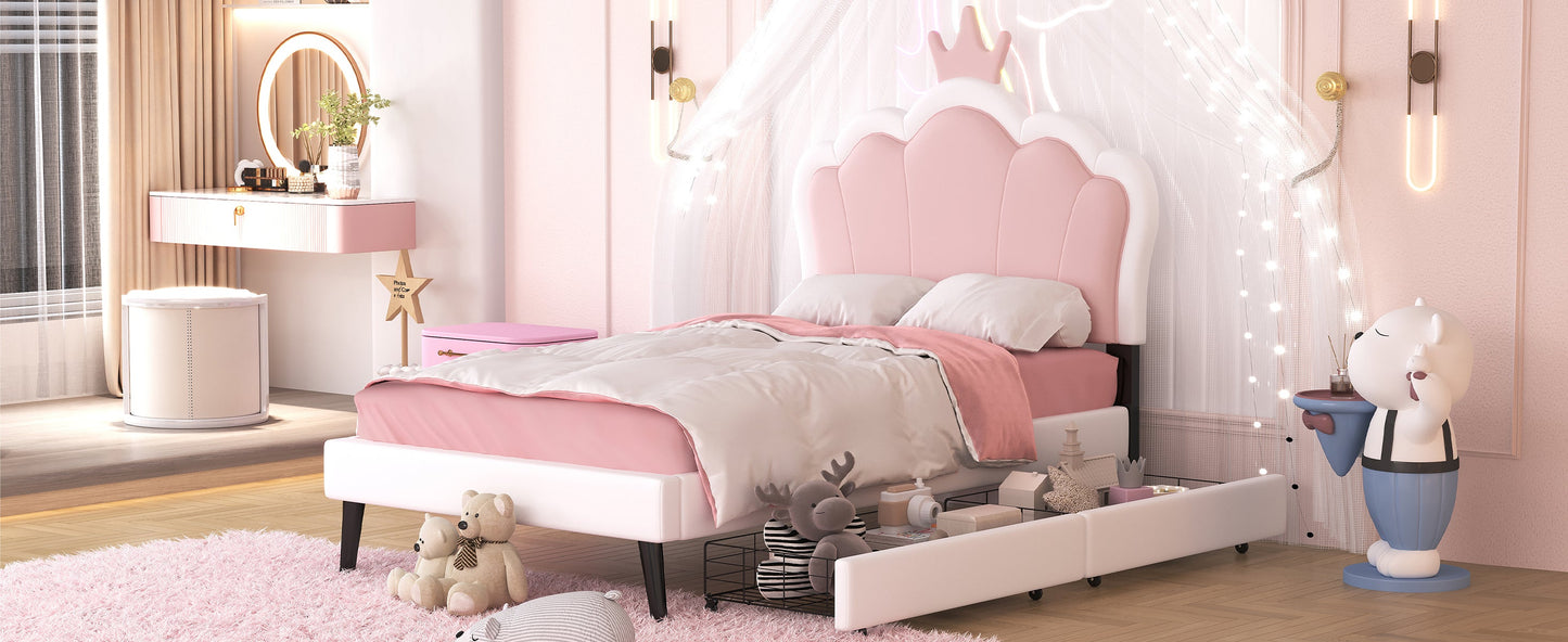 Twin Size Upholstered Princess Bed with Crown Headboard