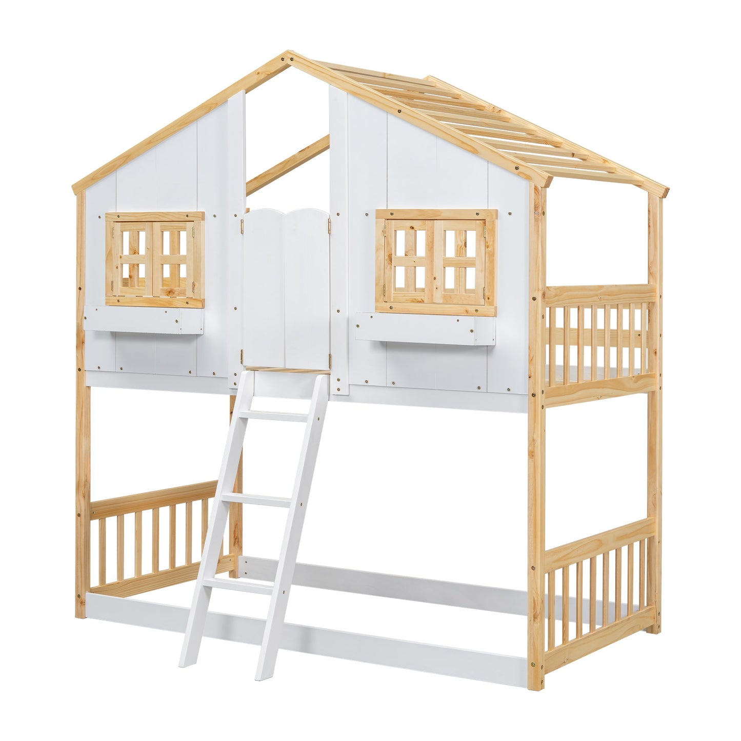 Twin over Twin House Bunk Bed with Roof , Window, Window Box, Door , with Safety Guardrails and Ladder, Natural/White - Korvel