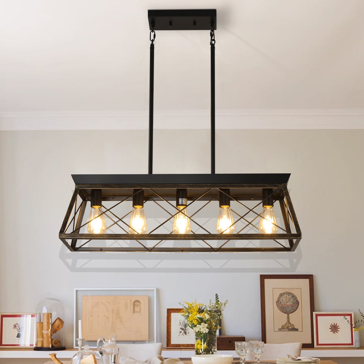 5-Light Farmhouse Chandeliers for Dining Room Metal Rustic Pendant Island Light  Modern Rectangular Island Lights (No Bulbs) - Korvel