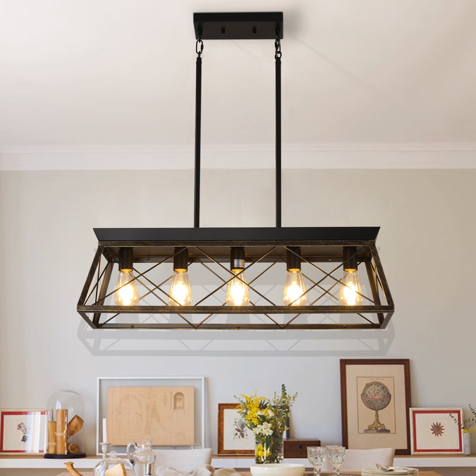 5-Light Farmhouse Chandeliers for Dining Room Metal Rustic Pendant Island Light  Modern Rectangular Island Lights (No Bulbs) - Korvel