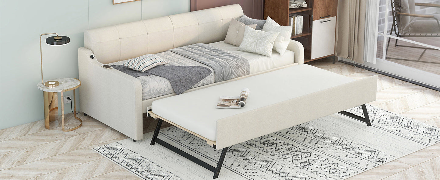 Twin Size Upholstery Daybed with Trundle and USB Charging Design Trundle can be flat or erected Beige - Korvel