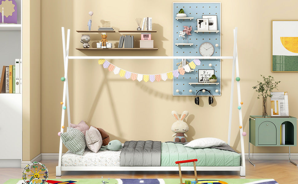 Metal Twin Size House Platform Bed with Triangle Structure  White - Korvel