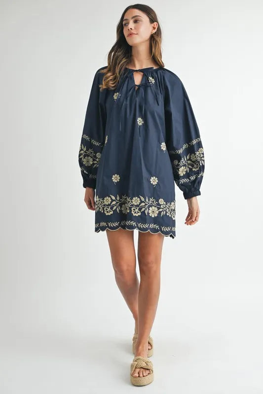 Embroidered Long Sleeve Peasant Mini Dress for Women