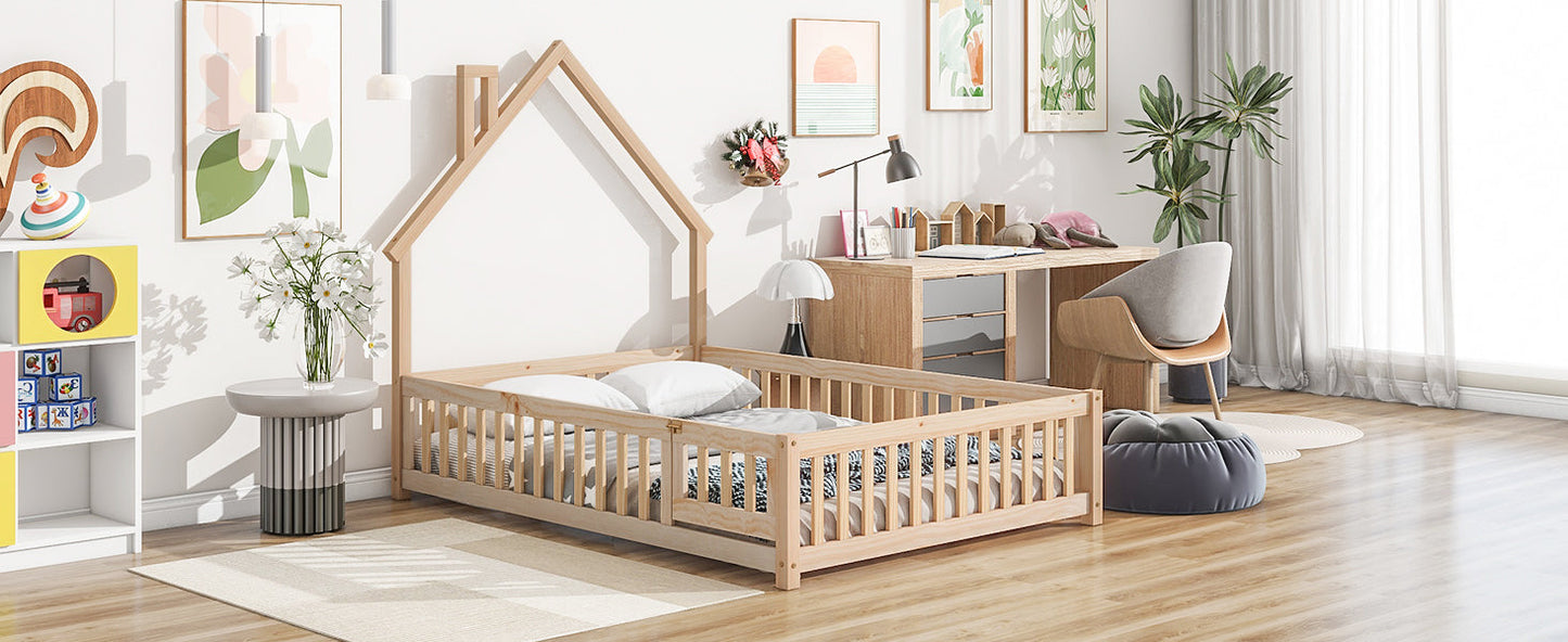 Full House-Shaped Headboard Floor Bed with Fence - Natural