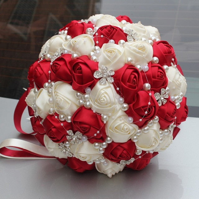 WifeLai-A Ramos De Novia Burgundy Artificial Flower Bridesmaid Wedding Bouquet - Korvel