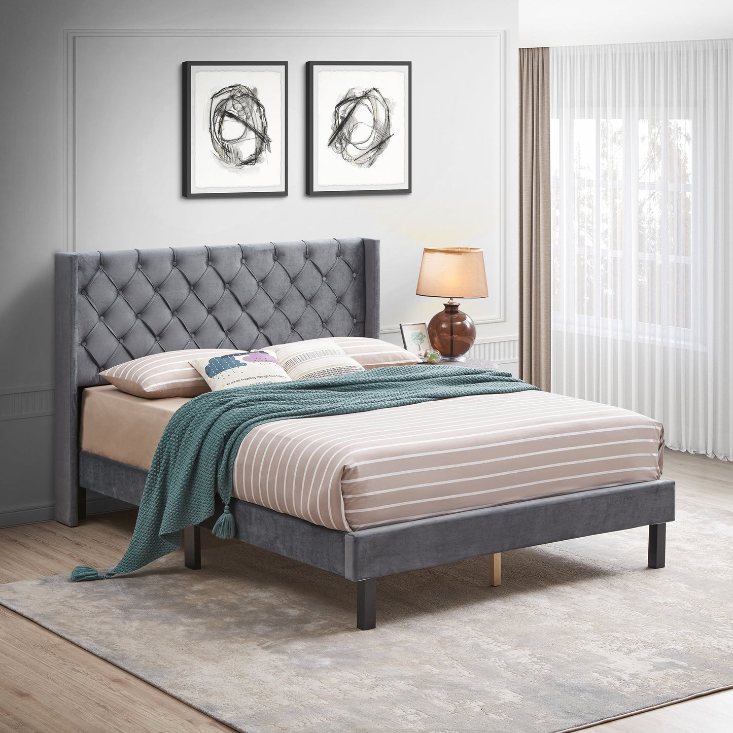 Velvet Button Tufted-Upholstered Bed with Wings Design - Strong Wood Slat Support - Easy Assembly - Gray Queen platform bed - Korvel