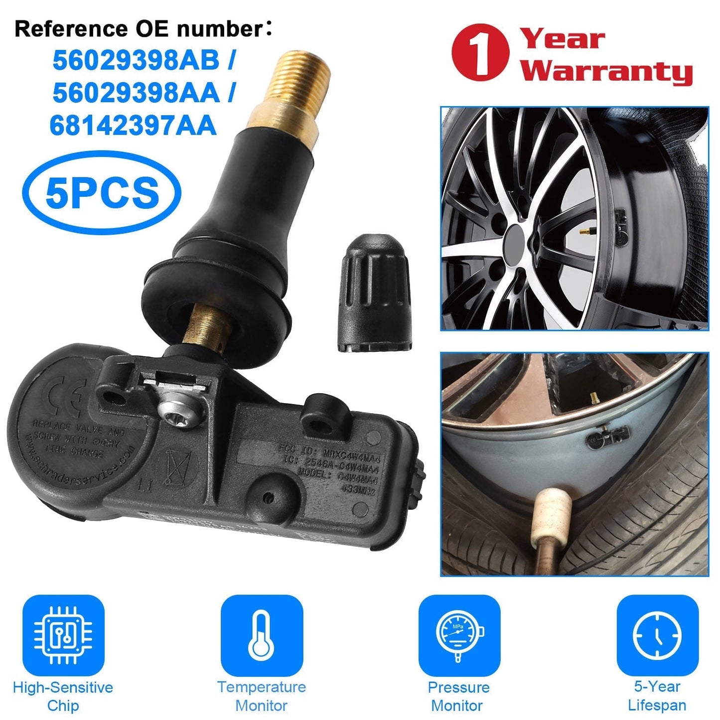 5PCS TPMS Tire Pressure Sensors for Jeep Chrysler Dodge Ram