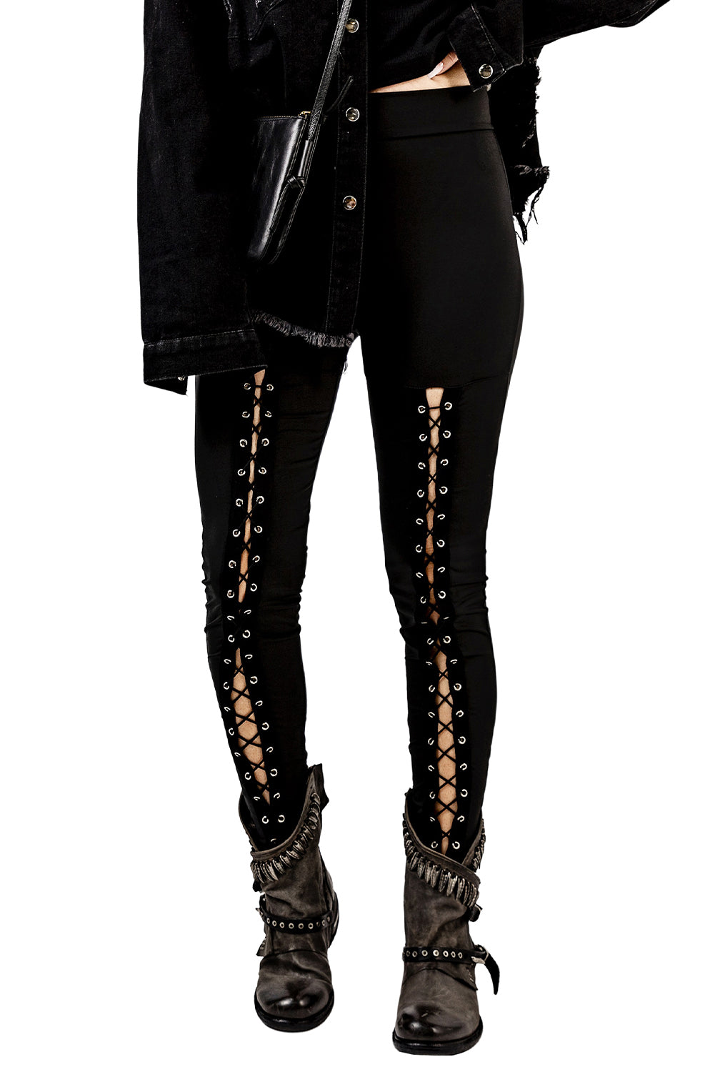 Black Grommet Lace Up Front Leggings - Korvel