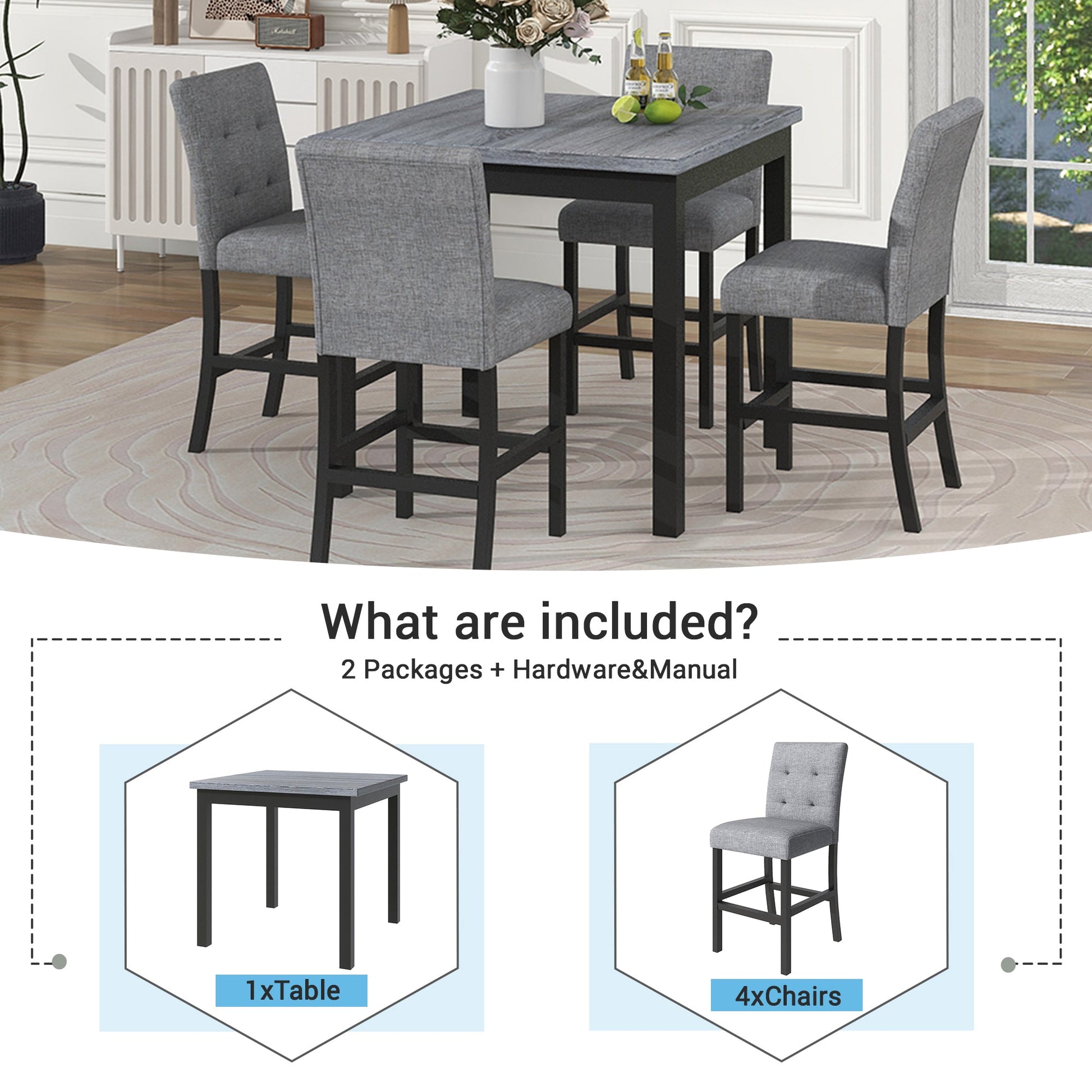 TOPMAX 5-piece cabinet dining table set, wooden square dining table and chairs, and 4 soft cushioned high back chairs in black - Korvel