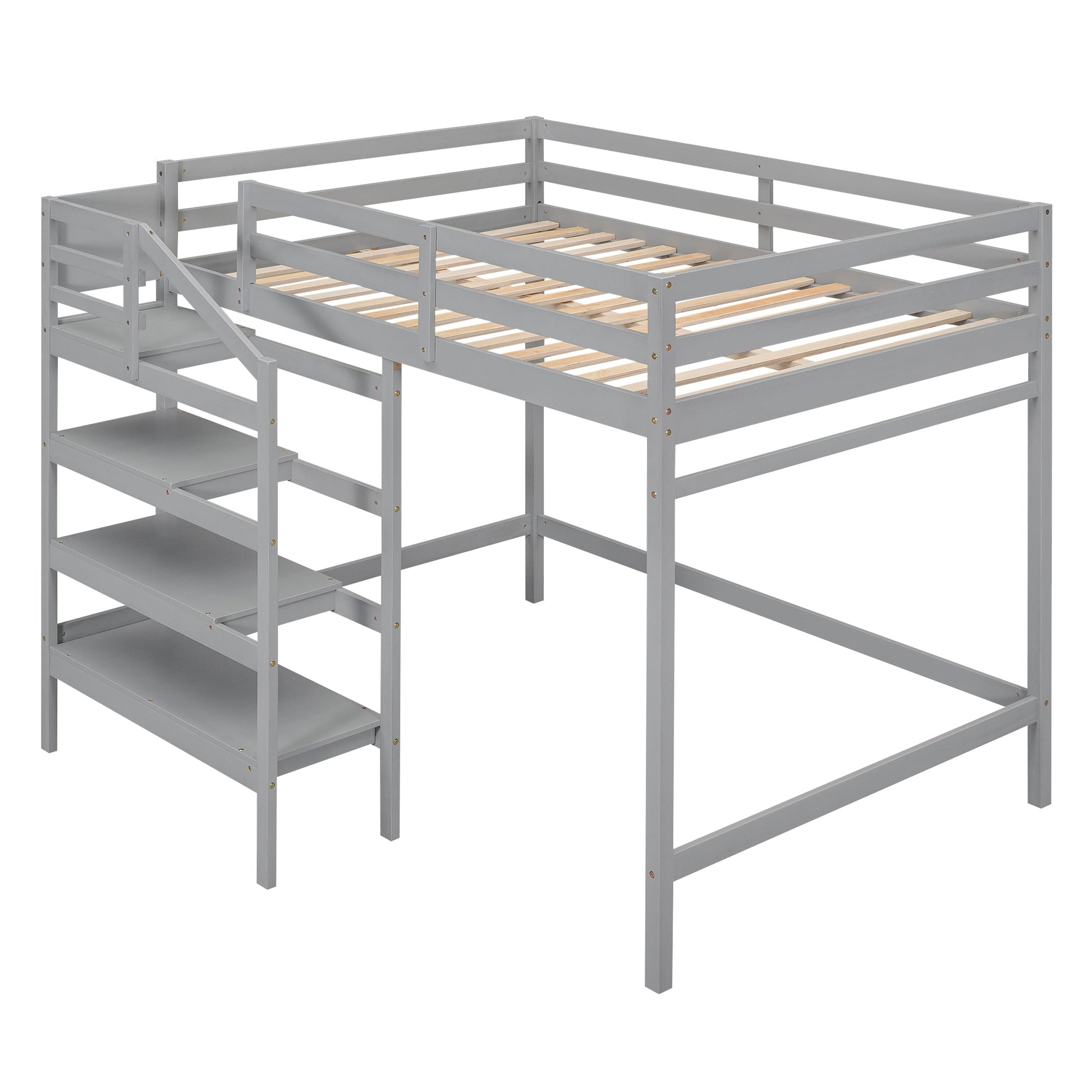 Full Size Loft Bed with Built-in Storage Staircase and Hanger for Clothes, Gray - Korvel