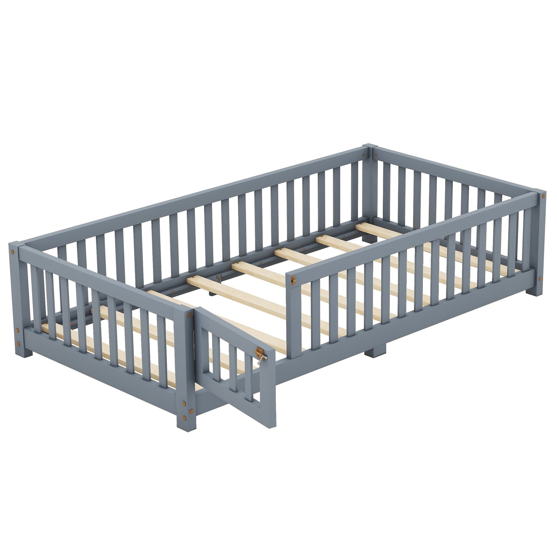 Twin Size Bed Floor Bed with Safety Guardrails and Door for Kids, Gray - Korvel