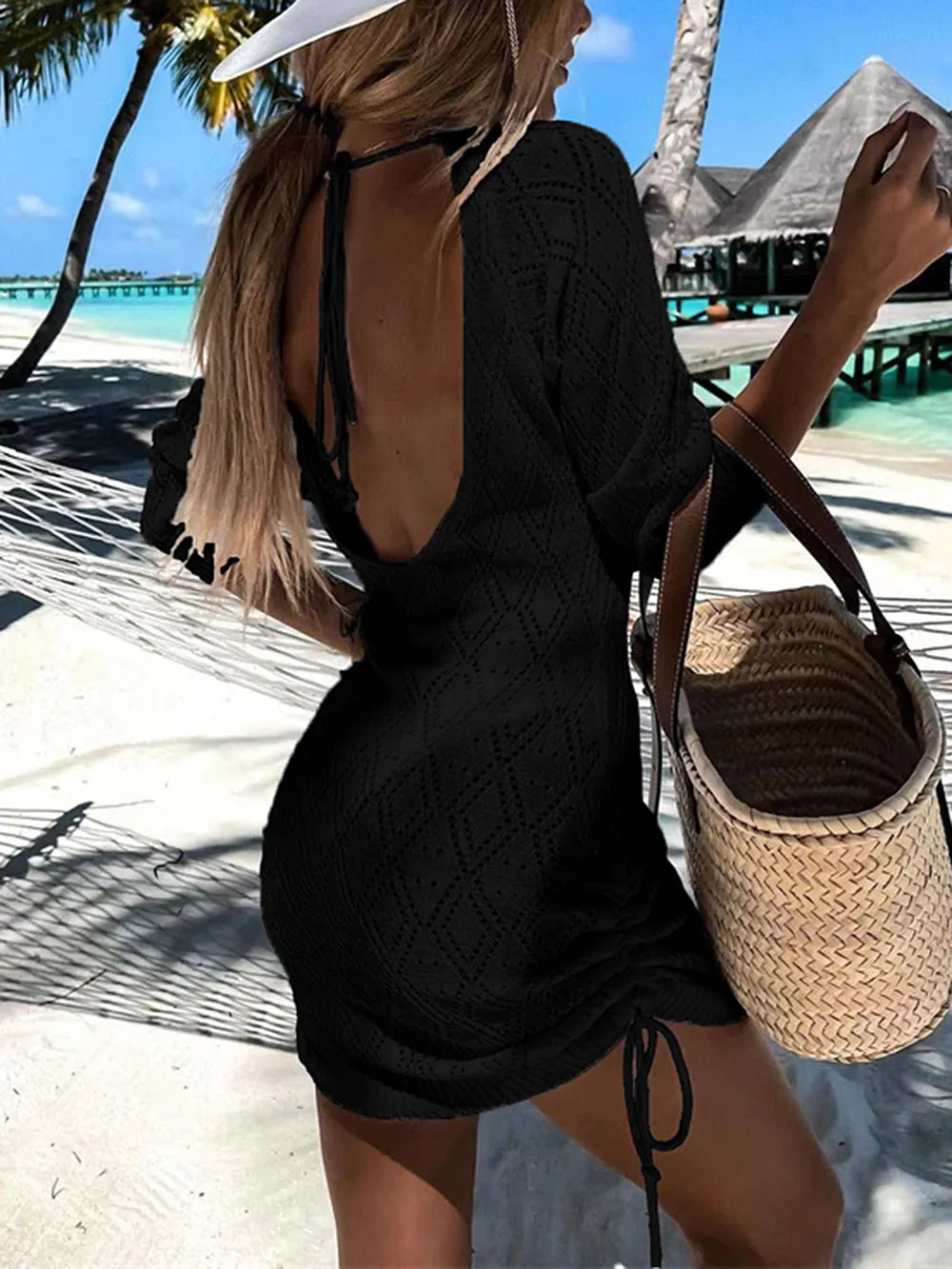 Backless Openwork Drawstring Round Neck Cover Up - Korvel