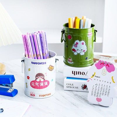 Cylindrical wrought iron pen holder DIY creative desktop storage bucket multifunctional stationery pen holder - Korvel