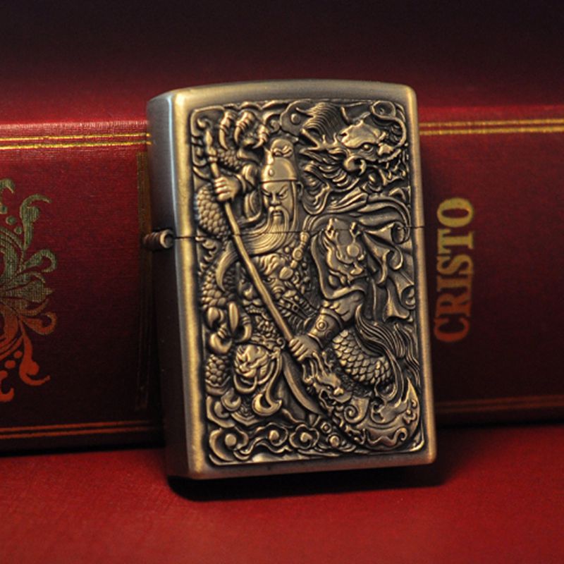 Retro Windproof Kerosene Lighter with Bronze Relief Design