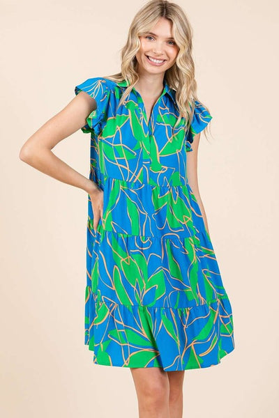 Summer Leaf Print Ruffle Sleeve Mini Dress