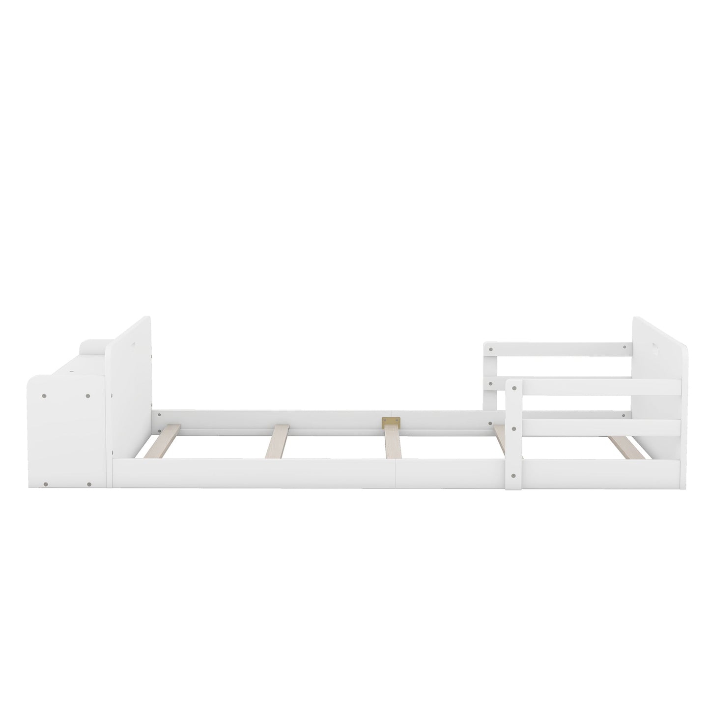 Twin Size Floor Bed with Storage Footboard and Guardrail, White - Korvel